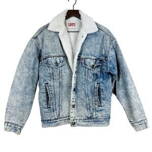 Vintage 80s Levi’s USA Sherpa Denim Jean Trucker Jacket Blue Acid Wash Mens - S